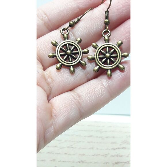 artisan earrings 213#mfs MOP shell earrings Nautical ship wheel earrings Blue or - Picture 2 of 8